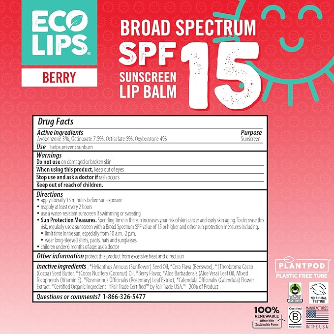Eco Lips Classic Variety Broad Spectrum Sunscreen Lip Balm 6-Pack (Berry, Sport, Mint) - 100% Plastic-Free Plant Pod Packaging - Made in USA