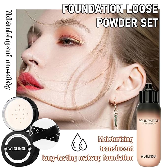 Full Coverage Liquid Foundation Makeup Set,Oil Control Concealer Long Lasting Waterproof Loose Setting Face Powder,Moisturizing BB Cream Set with Soft Makeup Sponge and Foundation Makeup Brush（4PCS）