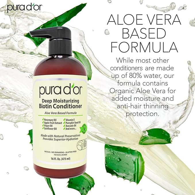 PURA D'OR Deep Moisturizing Biotin Conditioner Thickens, Softens, & Moisturizes Dry, Frizzy, Damaged Hair w/Argan Oil, Pumpkin, Rosemary, Honeysuckle, Vitamin E, Men & Women, 16oz