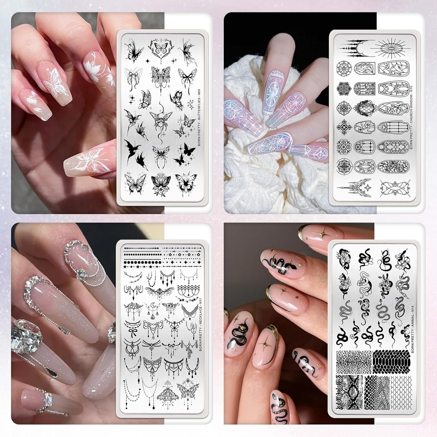 BORN PRETTY Stamping Temeplates Set,Butterfly Necklace Leopard Print Theme Nail Image Plates Nail Art Stamping Plate Manicuring DIY Printing Tools 4PCS