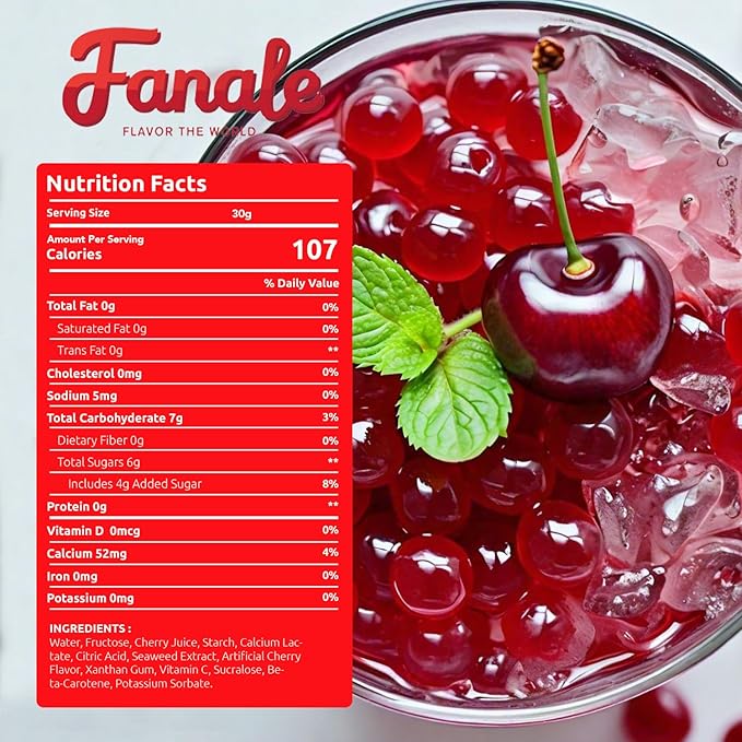 Fanale Cherry Popping Boba Pearls, Vegan, Non GMO, Gluten Free, Fat Free, Perfect for Bubble Tea, Smoothies, Ice Cream, Desserts, and Beverages.