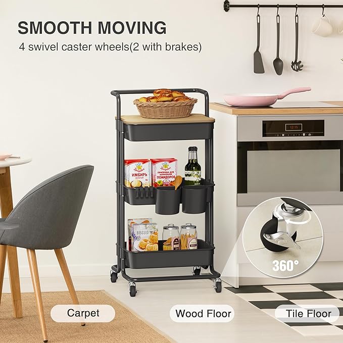 DTK 3 Tier Rolling Cart Uility Cart with Cover Board, Mobile Storage Cart with Wheels, Cups, Hooks for Office Utility Kitchen Bathroom Homeschool Art Craft Postpartum Teacher Cart Organizer(Black)