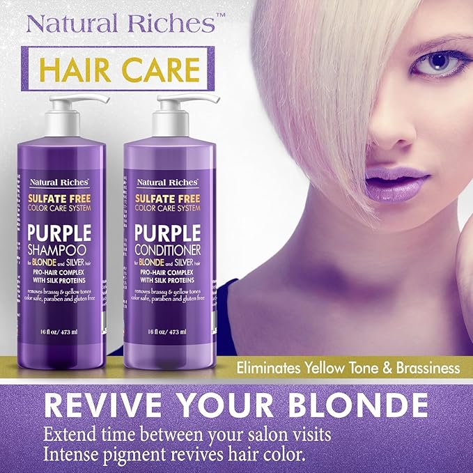 Natural Riches Purple Shampoo and Conditioner Set Sulfate Free Salon Grade for Silver Blonde Platinum Hair. Removes Yellow & Brass tones. Grey Highlighted Hair 16x2 fl oz