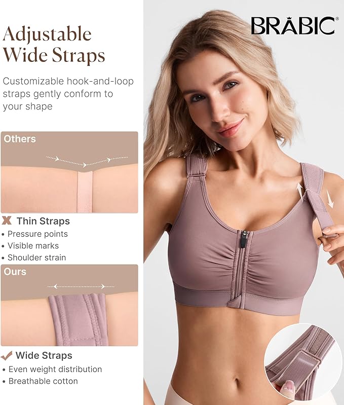 BRABIC Zip Front Closure Everyday Bra for Women Post Surgery Compression Support with Adjustable Straps Wirefree