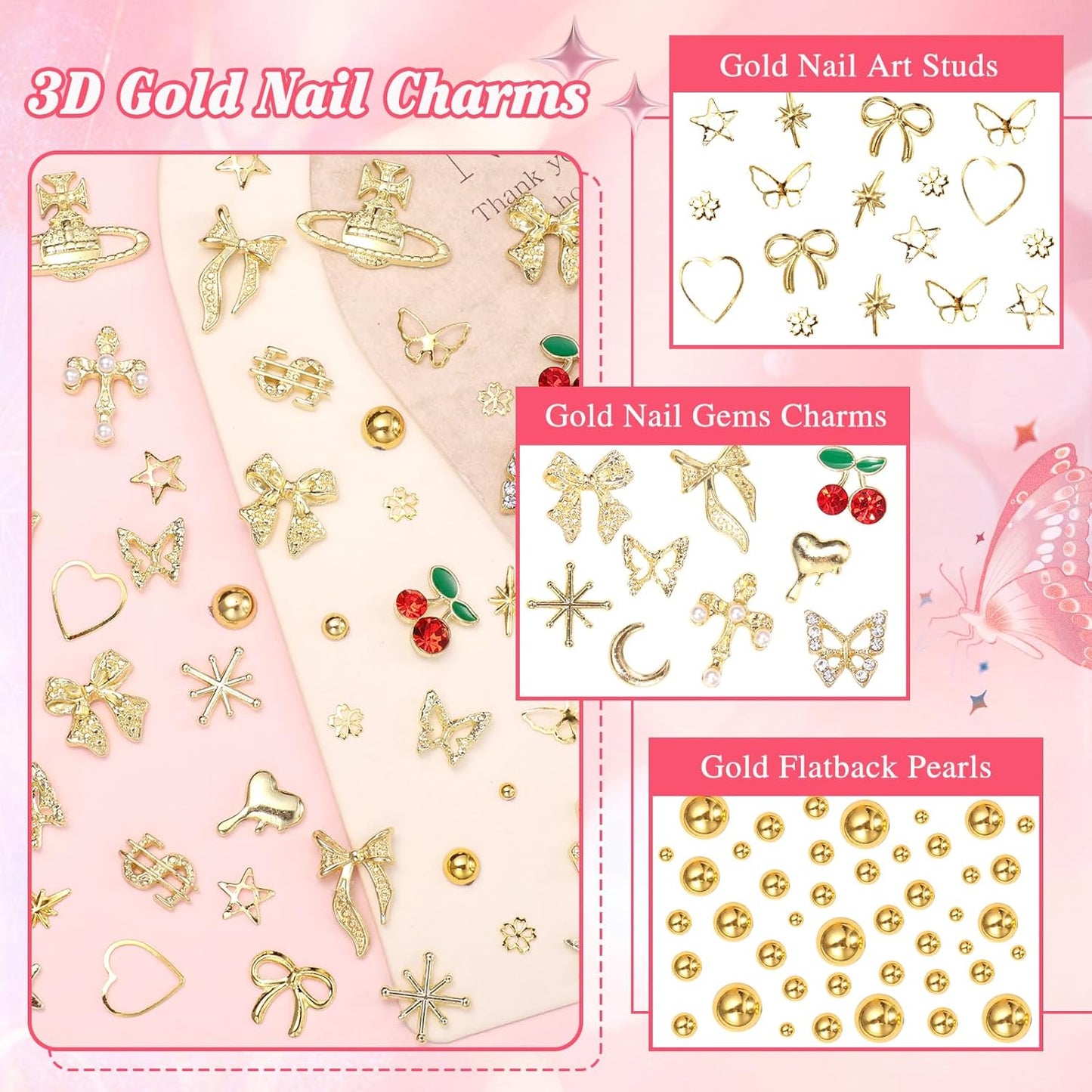 2 Boxes Alloy Gold Nail Charms, 3D Butterfly Star Cherry Nails Gems Charms, Mixed Shapes Golden Bows Heart Star Nail Studs Gold Flatback Pearls Beads for Nails Art Design DIY Accessories