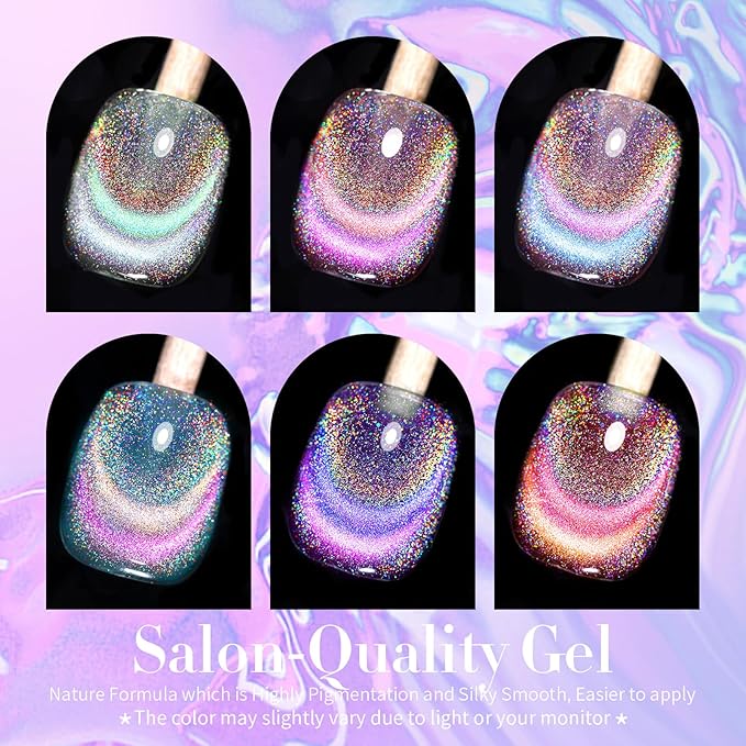 Born Pretty Magnetic Gel Nail Polish Holographic Glass Cat Magnetic Eye Gel Polish Nail Gel Soak Off Nail Art Salon Manicure Collection Gift 6pcs