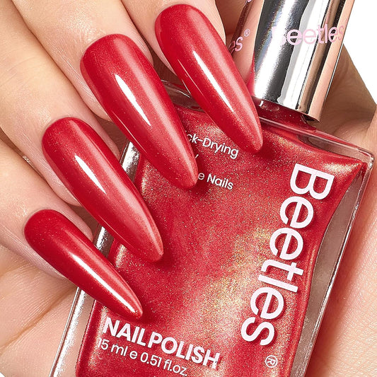 Beetles Red Nail Polish 15ML Quick Dry Glitter Fingernail Polish 4th of July DIY Salon for Women