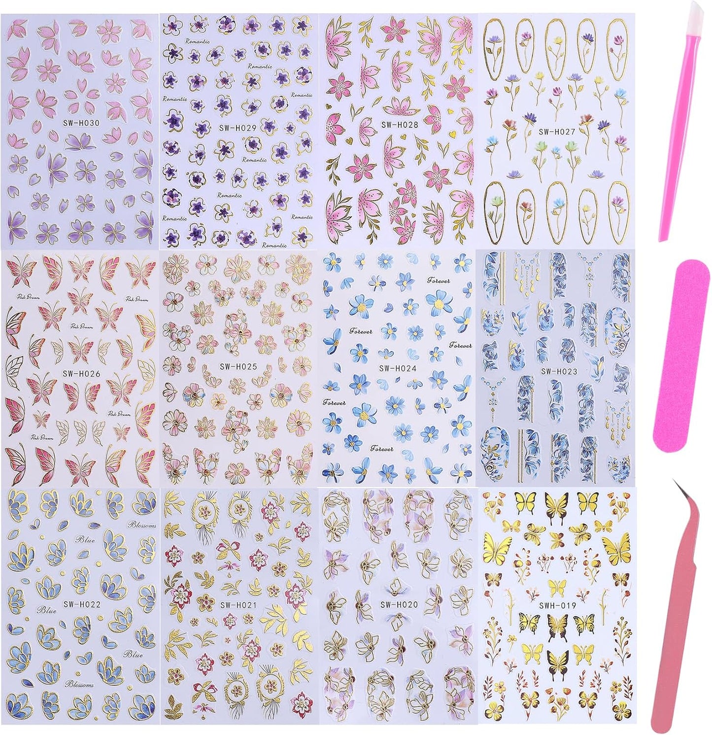 3D Flower Nail Art Stickers Decals Luxury Flower Petal Stickers with Tweezers 12 PCS Self Adhesive Pink Purple Blue Floral Gold Edge Decals Cherry Blossom Lily Summer DIY Manicure Nail Art Decoration