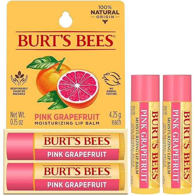 Burt's Bees Lip Balm - Pink Grapefruit, Lip Moisturizer With Responsibly Sourced Beeswax, Tint-Free, Natural Origin Conditioning Lip Treatment, 2 Tubes, 0.15 oz.