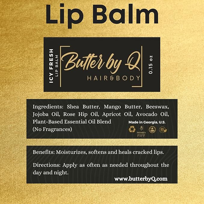 Butter By Q- Icy Fresh Lip Balm- Best Lip Balm, Dry, Chapped Lips. A 100% Natural Alternative to Chapstick. Natural Shea Butter Lip Balm, Lip Moisturizer, and How to Get Rid of Chapped Lips, Kid Safe.