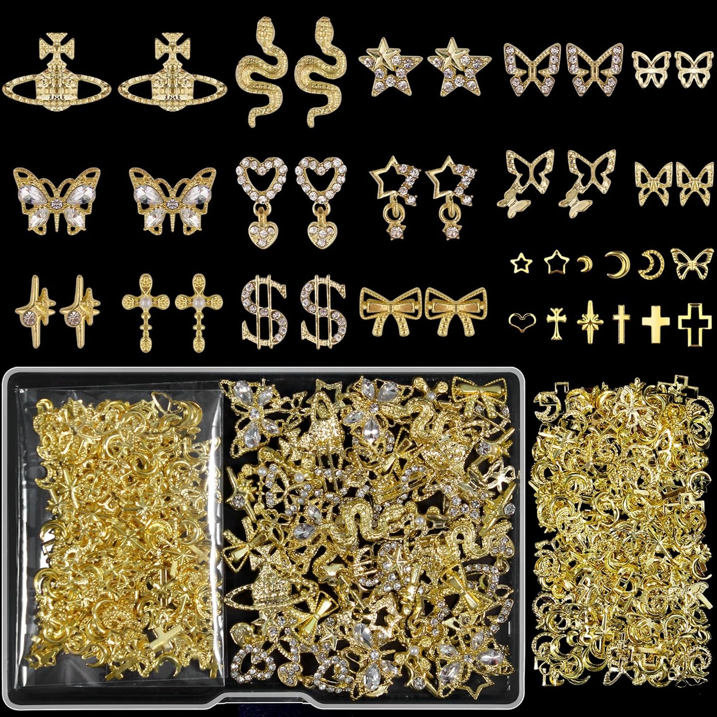 Artdone Nail Art Studs Kit, 3D Gold Cross Nail Charms and Diamond Butterfly Gems Bulk Nail Jewels Shiny Star and Moon for DIY Professional Manicures Decoration