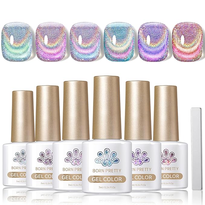 Born Pretty Magnetic Gel Nail Polish Holographic Glass Cat Magnetic Eye Gel Polish Nail Gel Soak Off Nail Art Salon Manicure Collection Gift 6pcs