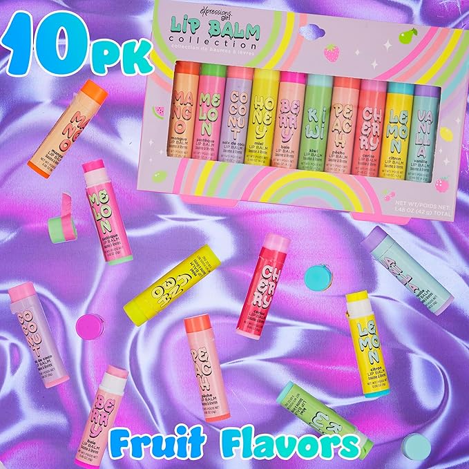 Expressions 10pc Fruity Lip Balm Collection - Hydrating Lip Balms Infused w/Fresh Fruity Flavors - Vitamin Enriched Nourishing Lip Balm Set