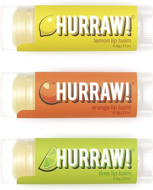 Hurraw! Lemon, Orange, Lime Lip Balms, 3 Pack Bundle: Organic, Certified Vegan, Cruelty and Gluten Free. Non-GMO, 100% Natural Ingredients. Bee, Shea, Soy and Palm Free. Made in USA