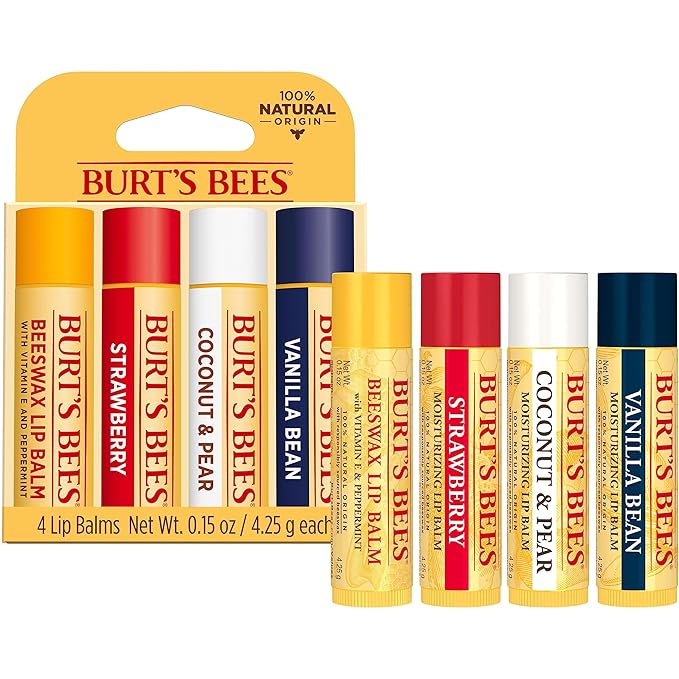 Burt's Bees Lip Balm - Beeswax, Strawberry, Coconut and Pear, and Vanilla Bean, With Responsibly Sourced Beeswax, Tint-Free, Natural Origin Lip Treatment, 4 Tubes, 0.15 oz.