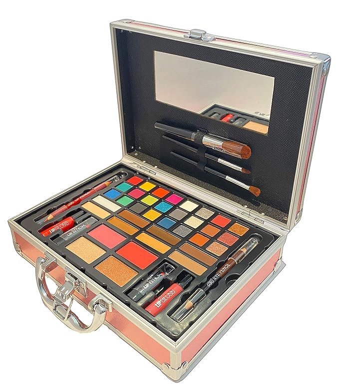 BR Carry All Trunk Professional Makeup Kit - Eyeshadow, Eyeliner, Lip Stick All In One Clear Case (RedCase)