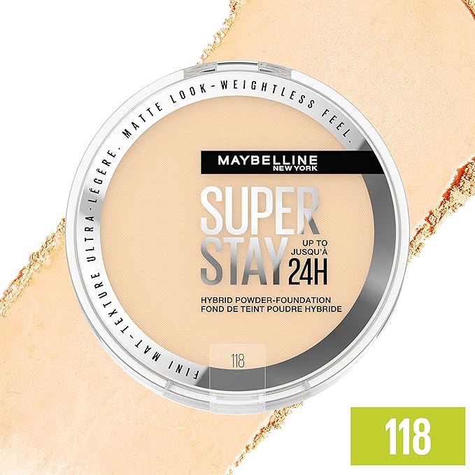 Maybelline Super Stay Up to 24HR Hybrid Powder-Foundation, Medium-to-Full Coverage Makeup, Matte Finish, 118, 1 Count