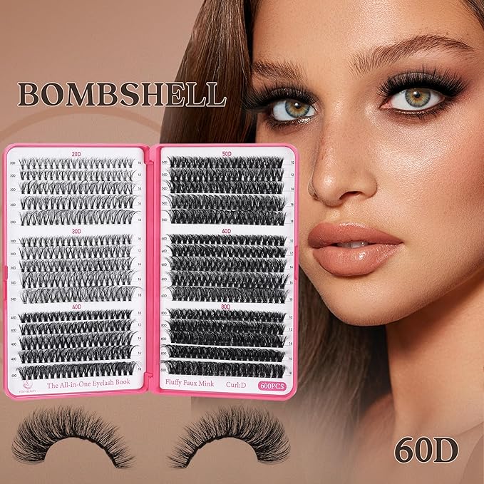 Bombshell Lash Clusters - Eyelash Clusters 20D+30D+40D+50D+60D+80D Wispy Individual Lashes D Curl Lash Extension 10-18MM Natural Lash Clusters DIY Cluster Eyelash Extensions for Beginners