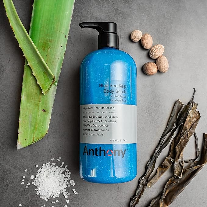 Anthony Exfoliating Body Scrub, Sea Salt, Vitamin C & Aloe Vera, Deep Cleans, Smooths Rough Patches, Soothes & Protects Skin, Hydrating Blue Sea Kelp Body Wash, 32 Fl Oz