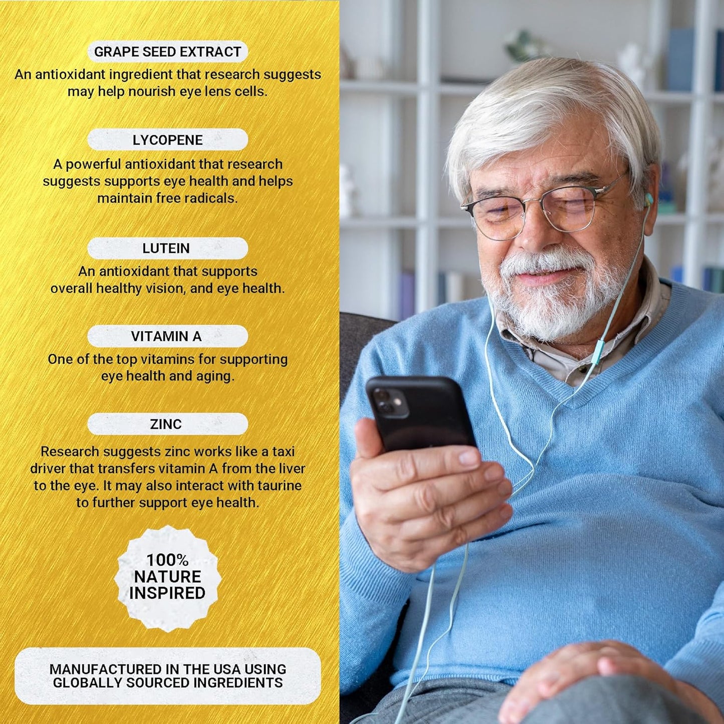 Golden After 50 VpMax-9 - Sight Care and Antioxidant Supplement with Eye Vitamins, Lutein, Lycopene and Bilberry Extract - 60 Gelatin Capsules