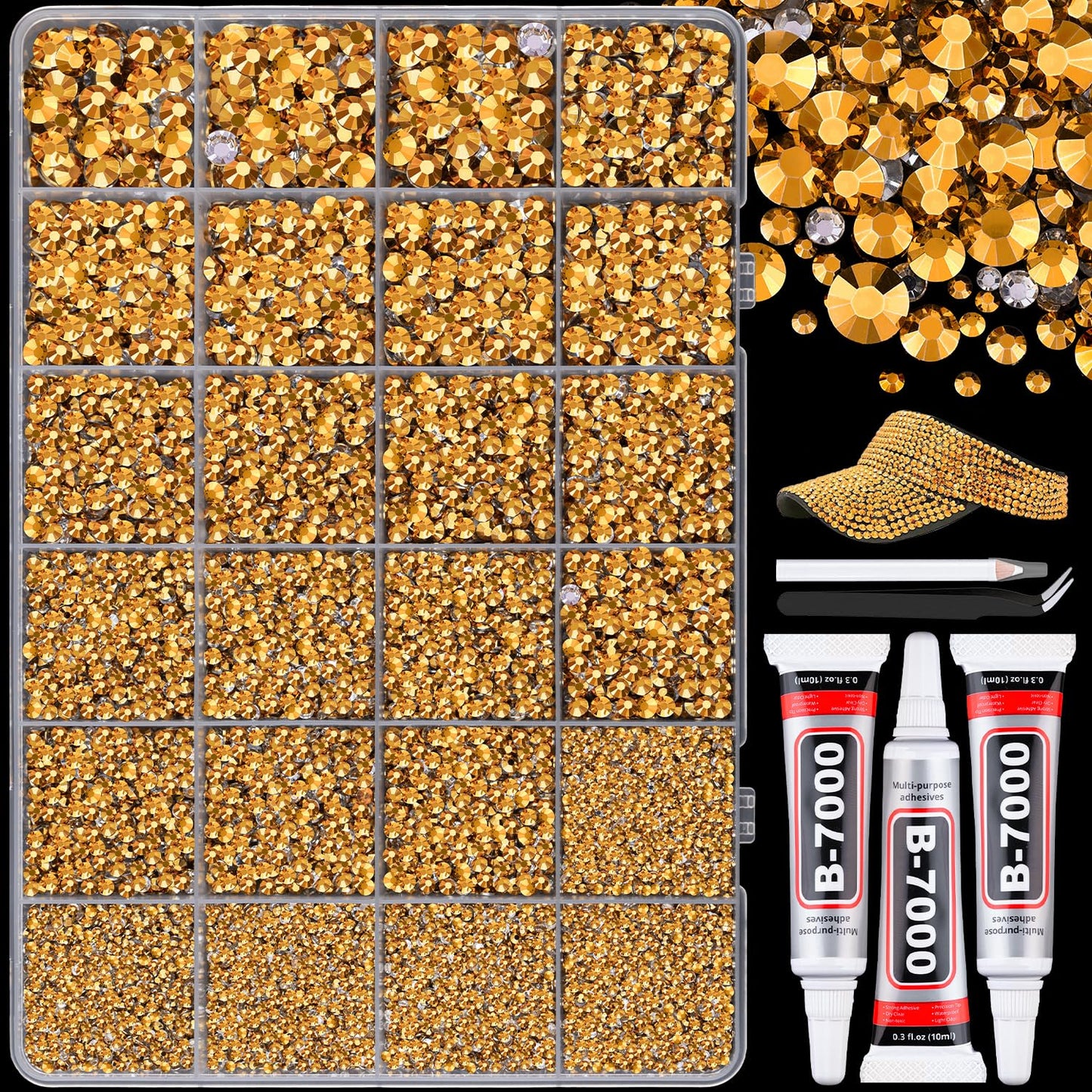 25000Pcs Resin Rhinestones with B7000 Jewelry Glue for Crafting, Copper Gold 2-6mm Non Hotfix Flatback Gems, Bedazzling Crystal for DIY Crafts Clothing Tumblers Mugs Shoes Fabric Nail Art