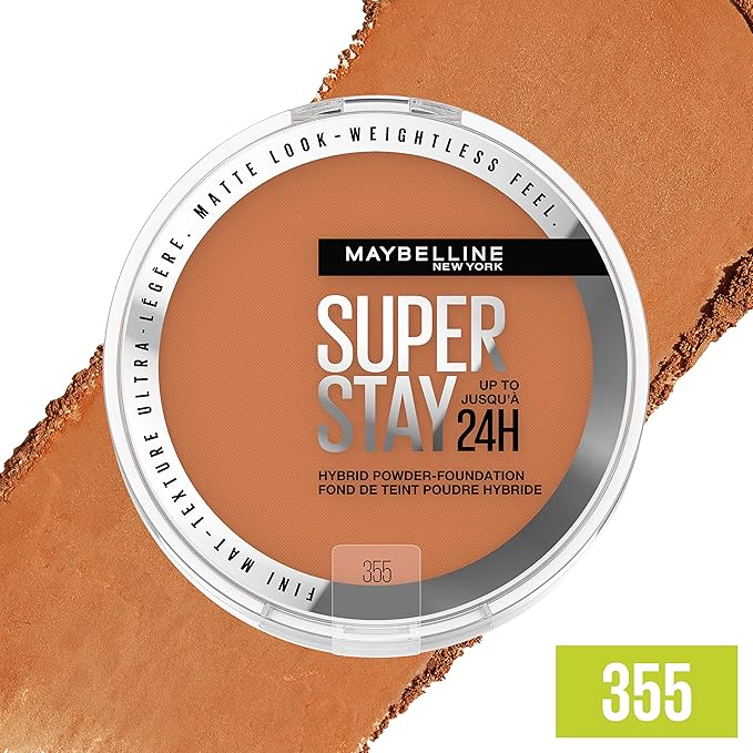 Maybelline Super Stay Up to 24HR Hybrid Powder-Foundation, Medium-to-Full Coverage Makeup, Matte Finish, 355, 1 Count