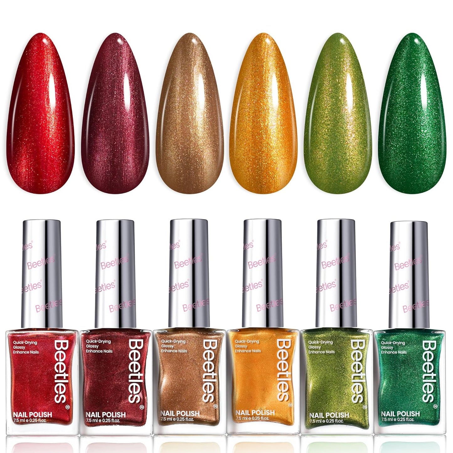 Beetles Fall Nail Polish Set - Glamour Era 6 Colors Quick Dry Glitter Burgundy Red Gold Green Yellow High-Gloss Long-Lasting Nail Polish for DIY At-Home Manicure Gift for Women