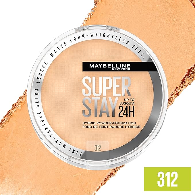 Maybelline Super Stay Up to 24HR Hybrid Powder-Foundation, Medium-to-Full Coverage Makeup, Matte Finish, 312, 1 Count