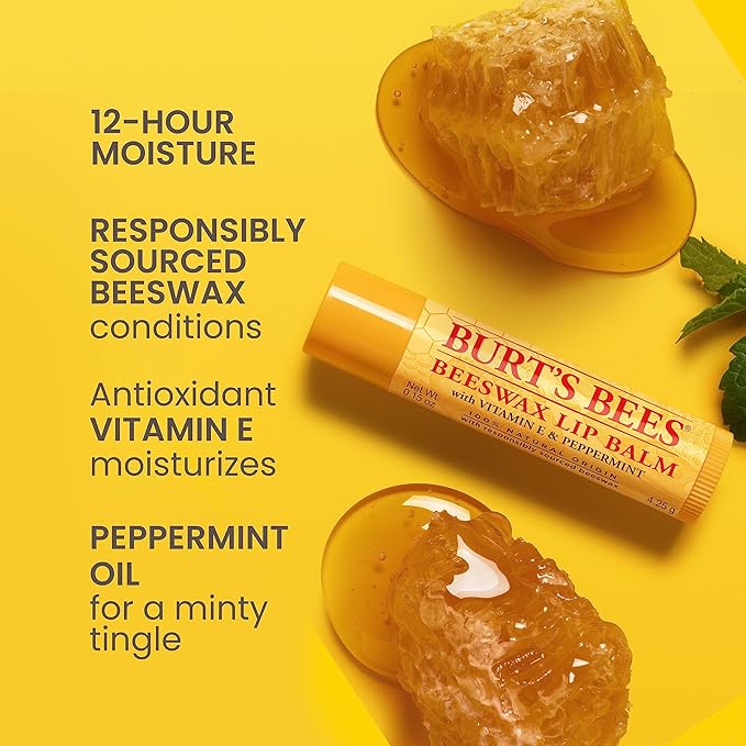 Burt's Bees Lip Balm - Original Beeswax, Lip Moisturizer With Responsibly Sourced Beeswax, Tint-Free, Natural Origin Conditioning Lip Treatment, 4 Tubes, 0.15 oz.