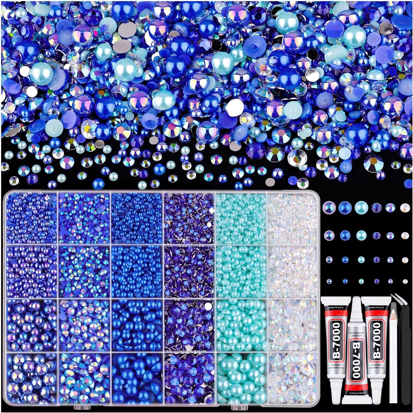9000PCS Flatback Pearls and Rhinestones for Crafting, Dark Blue 3-10mm Resin Rhinestones and Half Pearls for Bedazzling, Nail Art and Dec with 3pcs B7000 Jewelry Glue, Tweezer and Pickup Pencil