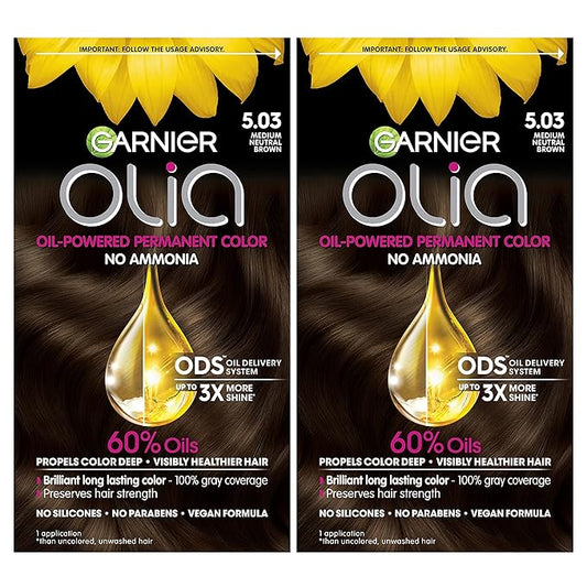 Garnier Hair Color Olia Ammonia-Free Brilliant Color Oil-Rich Permanent Hair Dye, 5.03 Medium Neutral Brown, 2 Count (Packaging May Vary)