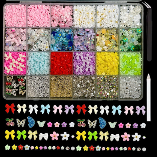 3D Colorful Flower Nail Charms, Flatback Pearl Bow Nail Charms and Gems, Alloy Cherry Butterfly Charms for Nails Design, Gold Caviar Beads Nail Rhinestones Manicure Charms for Practical DIY Tools