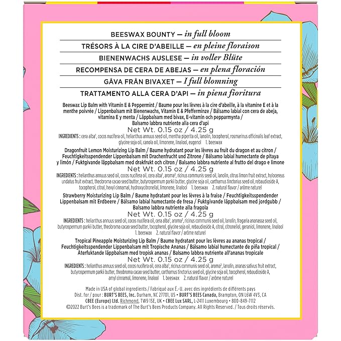 Burt's Bees Gifts Ideas - In Full Bloom Lip Balm Set, Original Beeswax, Dragonfruit Lemon, Tropical Pineapple & Strawberry, Natural Origin Lip Treatment, 4 Tubes, 0.15 oz.