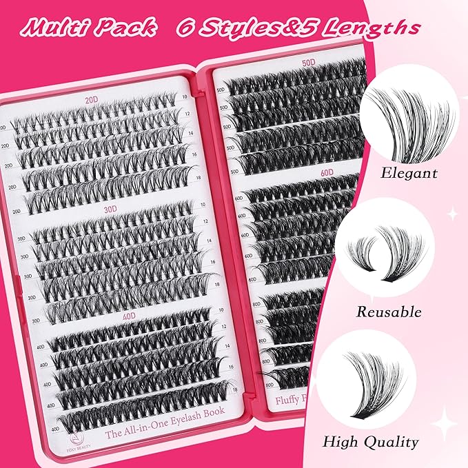 Lash Clusters 600PCS - Eyelash Clusters 20D+30D+40D+50D+60D+80D Wispy Individual Lashes D Curl Lash Extension 10-18MM Natural Lash Clusters DIY Cluster Eyelash Extensions for Beginners