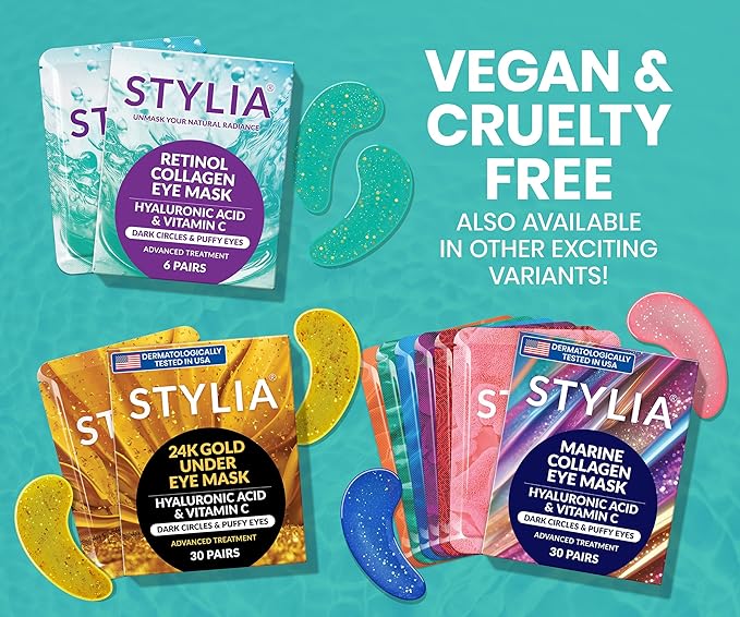 Stylia Under Eye Patches for Puffy Eyes and Dark Circles (6 Pairs) - Marine Collagen Under Eye Mask with Retinol, Vitamin C, Hyaluronic Acid, Pearl Extract - Eye Masks for Dark Circles and Puffiness