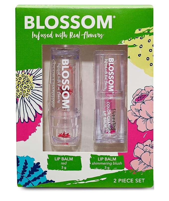 Blossom Moisturizing Custom Color Changing 2 pack, Strawberry Scented Crystal Lip Balm (Red), Shimmer Sparkle Lip Stain Tint (Blush), Infused with Real Flowers, 6g, Red/Blush