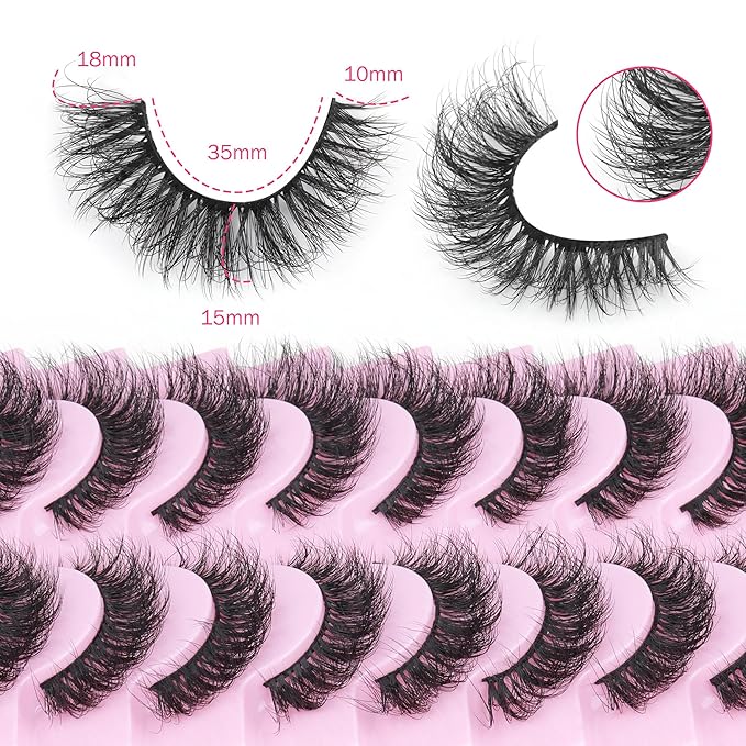 Mink Lashes 10 Pairs False Eyelashes D Lashes Natural Cat Eye Volume Faux Mink Lashes Wispy 18 mm 5D Thick Soft Eyelashes Pack by FANXITON