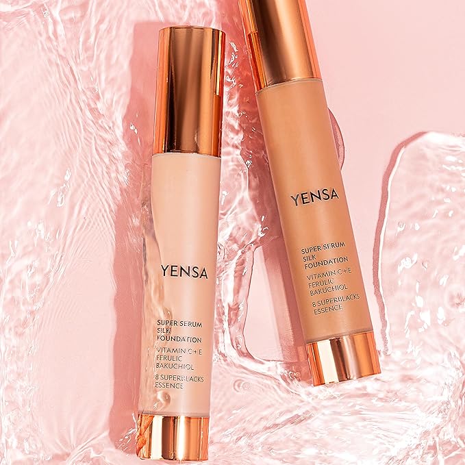 YENSA Serum Foundation Makeup - Super Silk Full Coverage Foundation Enriched with Peptides, Vitamin C & Ferulic Acid to Help Reduce Fine Lines, Wrinkles & Dark Circles - Medium 2 (1 oz)
